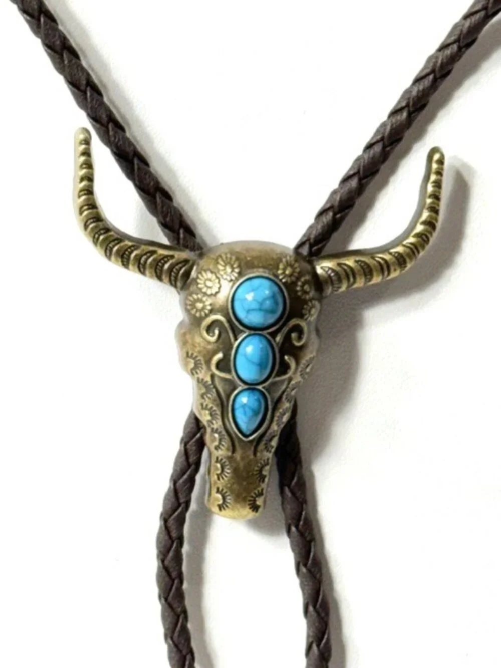 Gold-tone, turquoise-tone bull skull western cowboy bolo tie